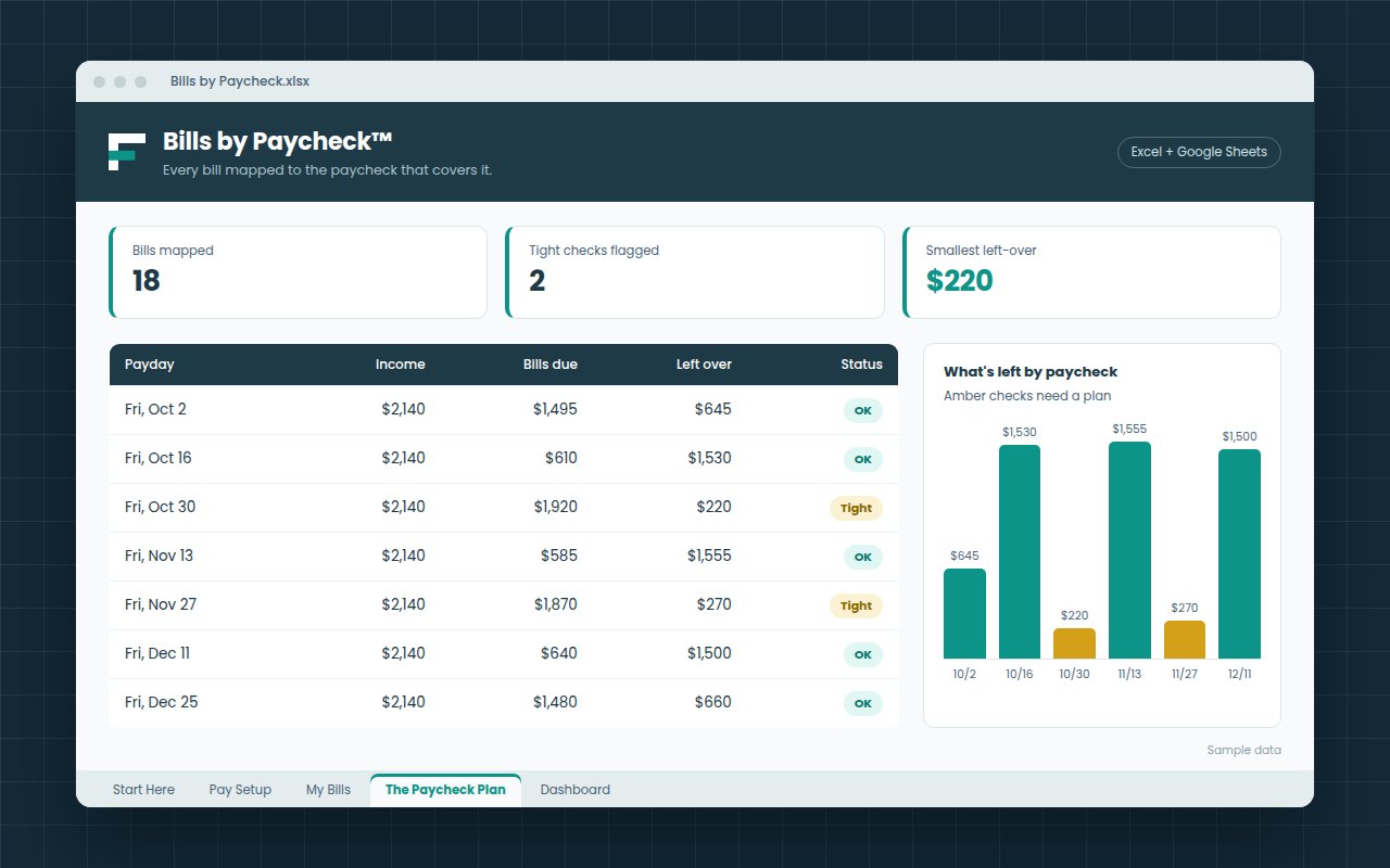 Bills by Paycheck™ workbook open on the main tab