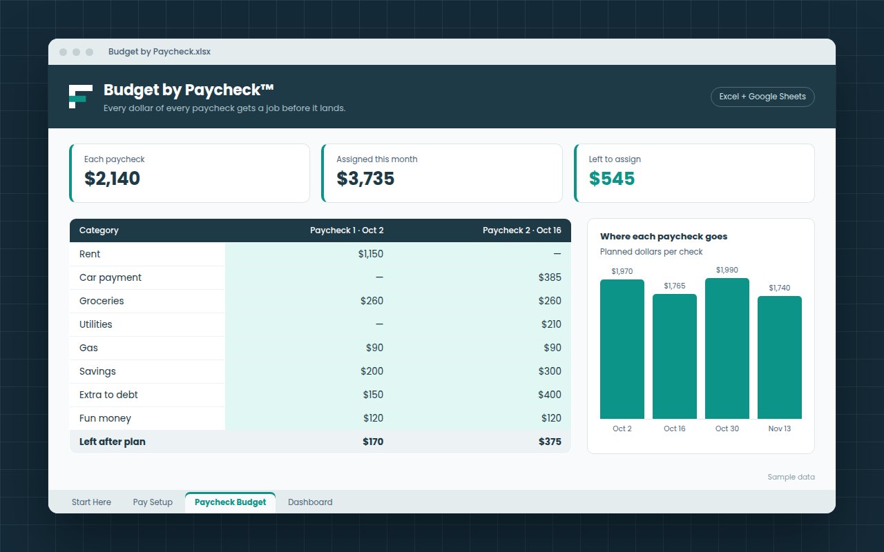 Budget by Paycheck™ workbook open on the main tab